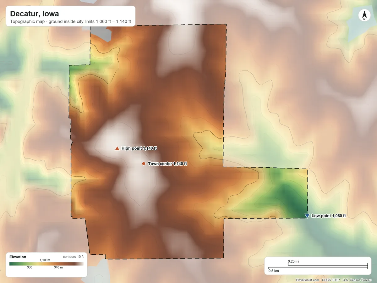 Topographic elevation map of Decatur, Iowa, shaded from 1,060 ft on the east side to 1,140 ft near the middle