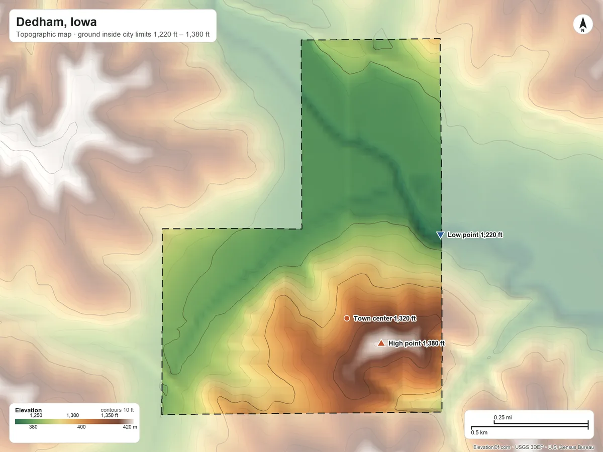 Topographic elevation map of Dedham, Iowa, shaded from 1,220 ft on the northeast side to 1,380 ft near the middle