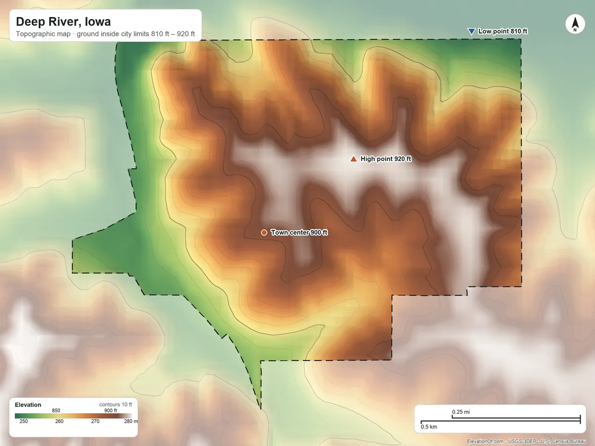 Topographic elevation map of Deep River, Iowa, shaded from 810 ft on the northeast side to 920 ft on the northeast side