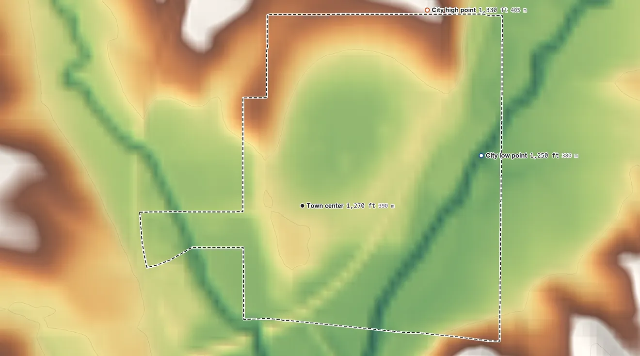 Topographic elevation map of Defiance, Iowa, shaded from 1,250 ft on the east side to 1,330 ft on the northeast side