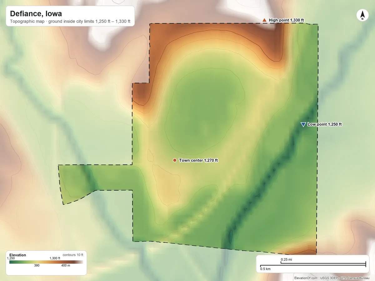 Topographic elevation map of Defiance, Iowa, shaded from 1,250 ft on the east side to 1,330 ft on the northeast side