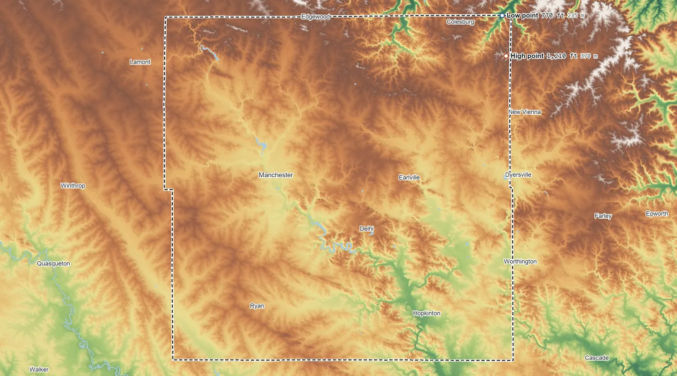 Topographic elevation map of Delaware County, Iowa, shaded from 770 ft on the northeast side to 1,210 ft on the northeast side