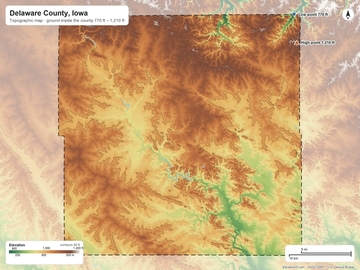 Topographic elevation map of Delaware County, Iowa, shaded from 770 ft on the northeast side to 1,210 ft on the northeast side