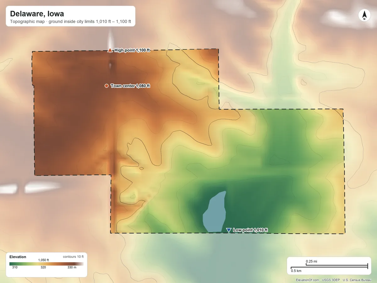 Topographic elevation map of Delaware, Iowa, shaded from 1,010 ft on the southeast side to 1,100 ft near the middle