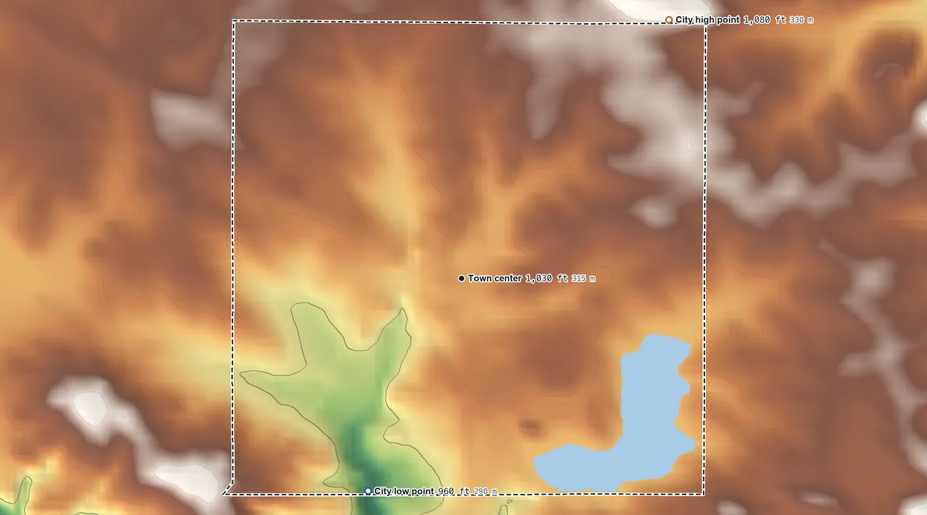 Topographic elevation map of Delhi, Iowa, shaded from 960 ft on the southwest side to 1,080 ft on the northeast side
