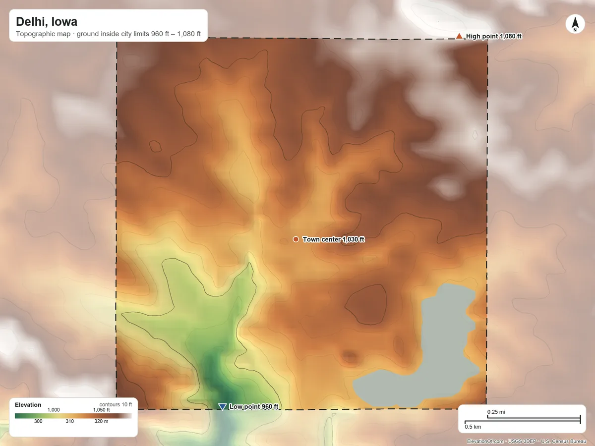 Topographic elevation map of Delhi, Iowa, shaded from 960 ft on the southwest side to 1,080 ft on the northeast side