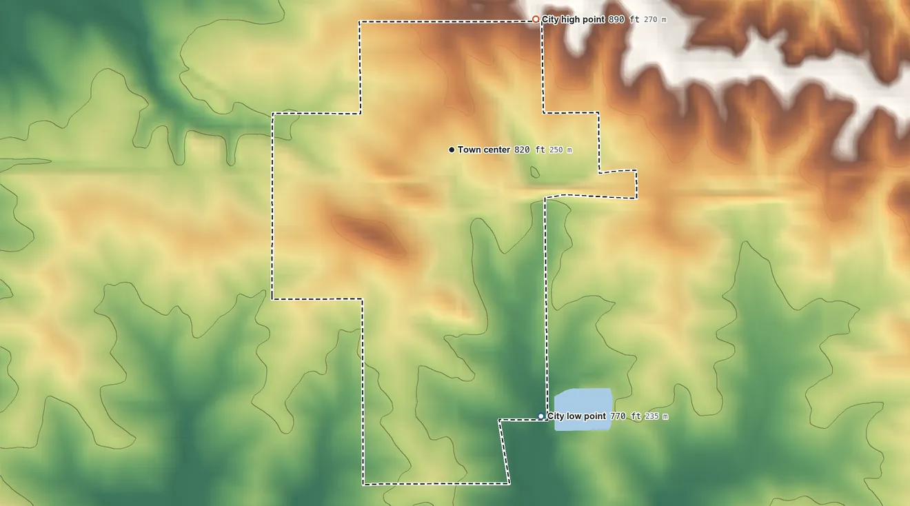 Topographic elevation map of Delmar, Iowa, shaded from 770 ft on the south side to 890 ft on the northeast side