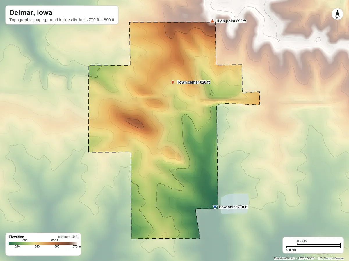 Topographic elevation map of Delmar, Iowa, shaded from 770 ft on the south side to 890 ft on the northeast side