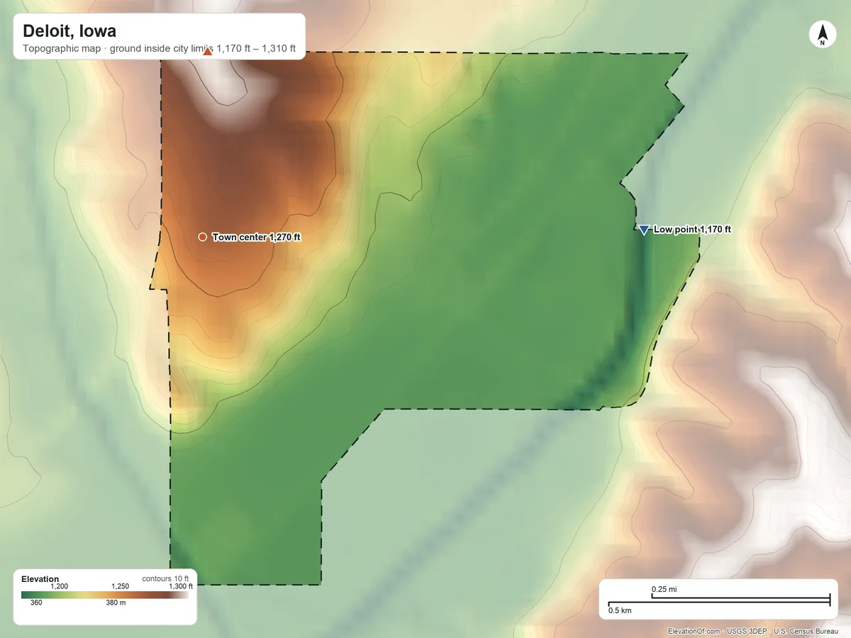 Topographic elevation map of Deloit, Iowa, shaded from 1,170 ft on the east side to 1,310 ft on the north side