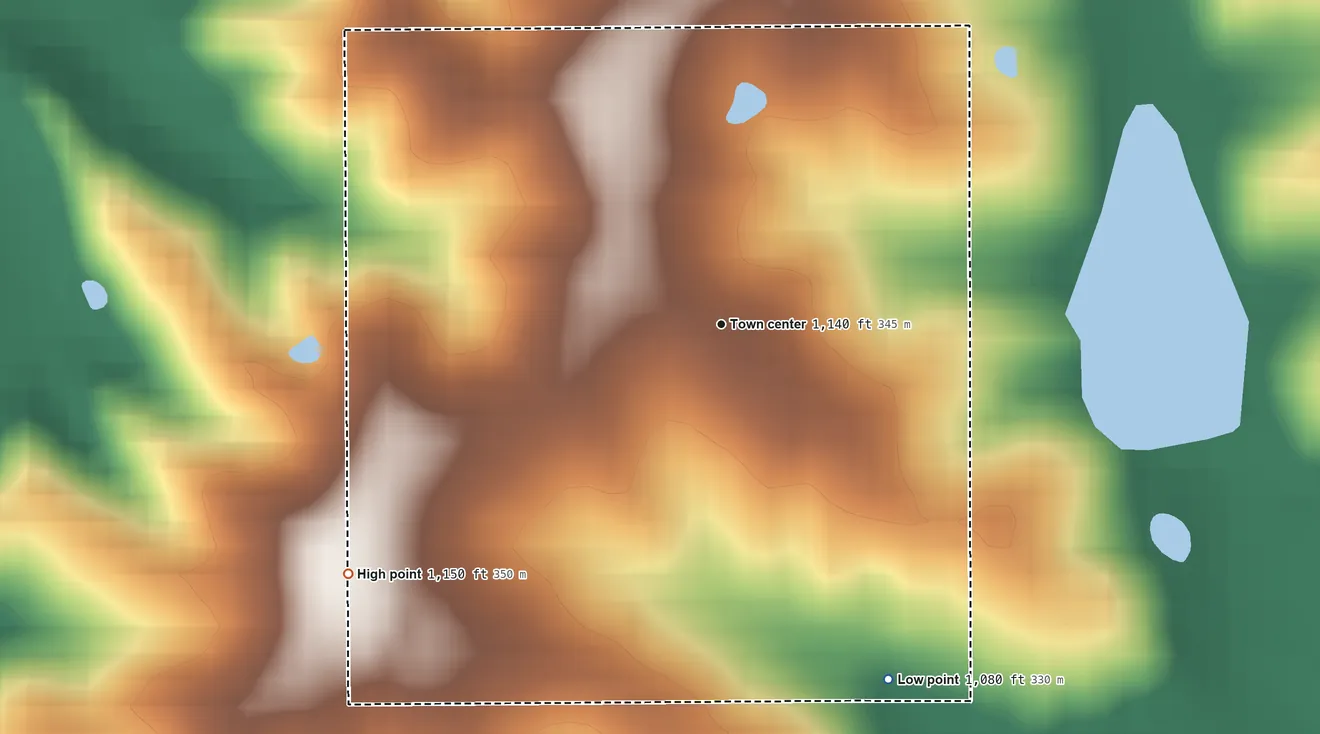 Topographic elevation map of Delphos, Iowa, shaded from 1,080 ft on the southeast side to 1,150 ft on the southwest side