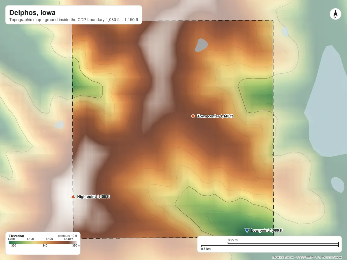 Topographic elevation map of Delphos, Iowa, shaded from 1,080 ft on the southeast side to 1,150 ft on the southwest side