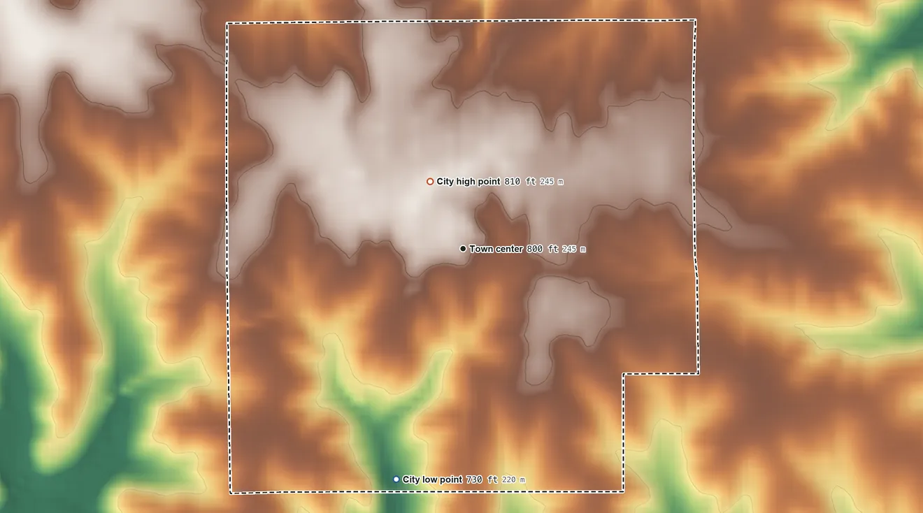 Topographic elevation map of Delta, Iowa, shaded from 730 ft on the south side to 810 ft on the northwest side