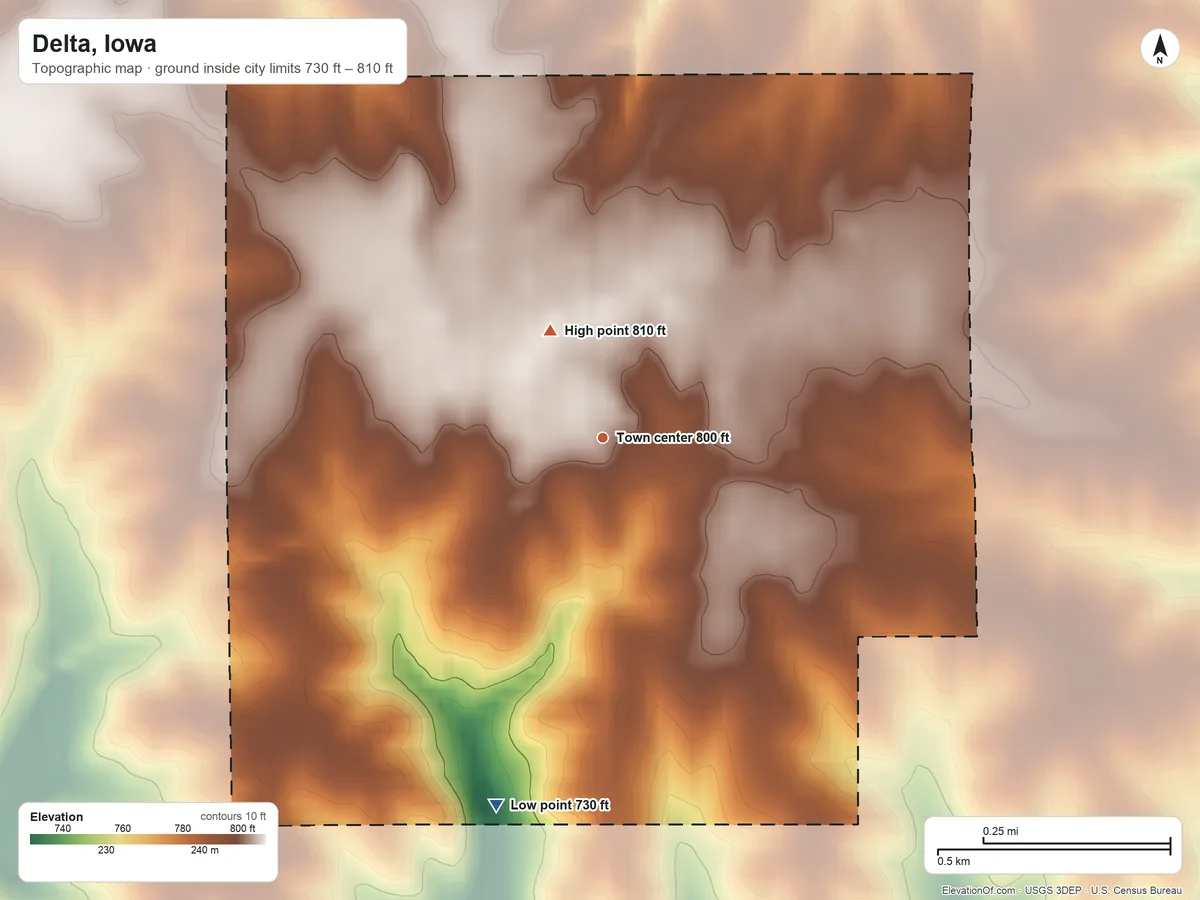 Topographic elevation map of Delta, Iowa, shaded from 730 ft on the south side to 810 ft on the northwest side