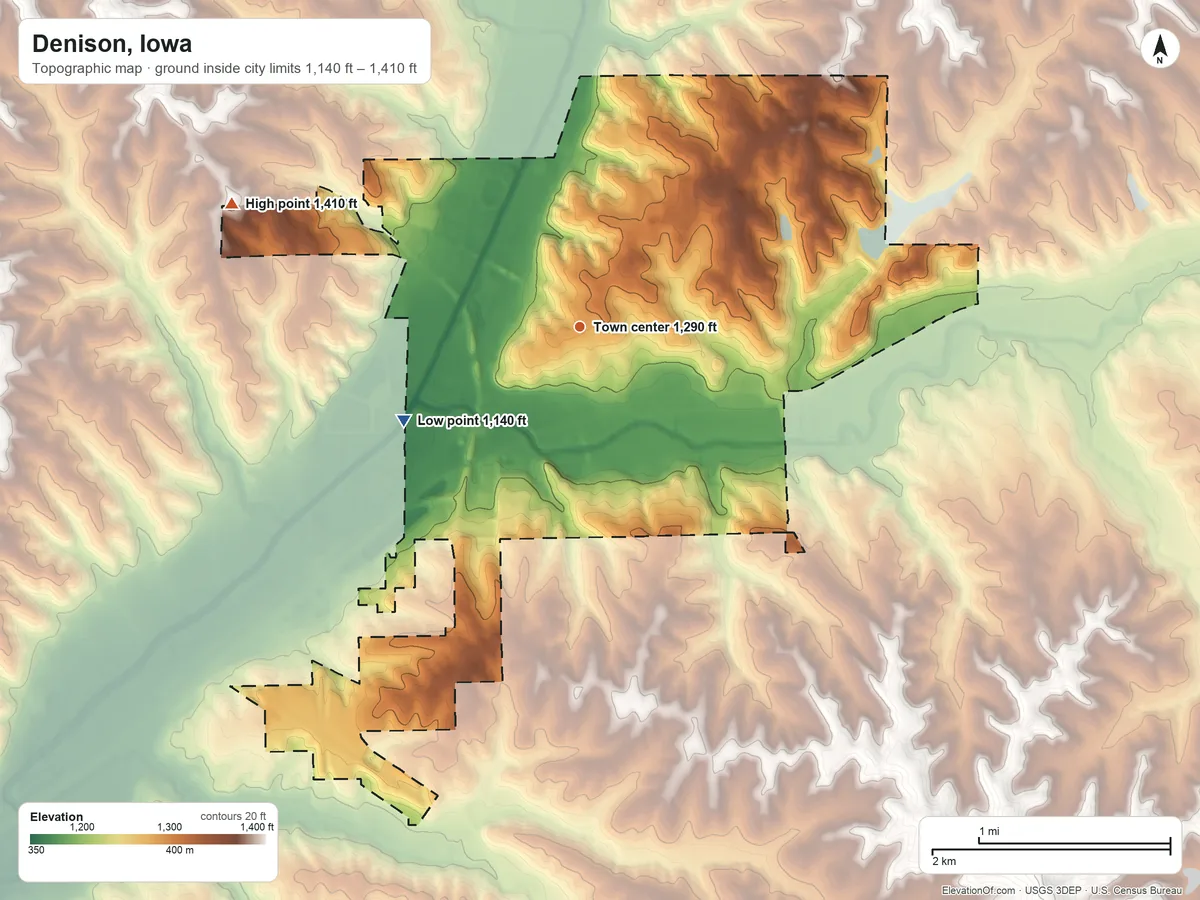 Topographic elevation map of Denison, Iowa, shaded from 1,140 ft on the southwest side to 1,410 ft on the west side