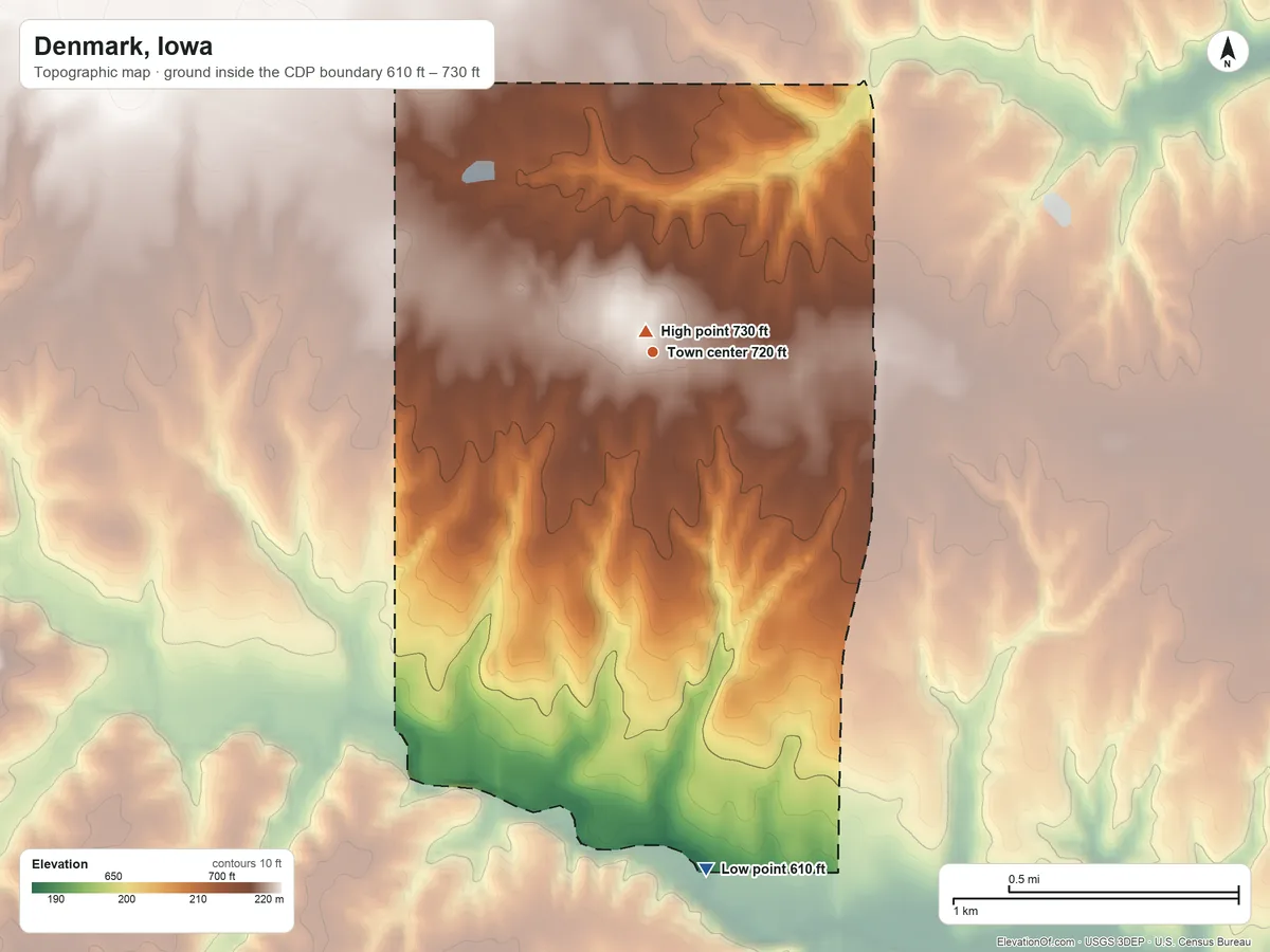 Topographic elevation map of Denmark, Iowa, shaded from 610 ft on the south side to 730 ft near the middle