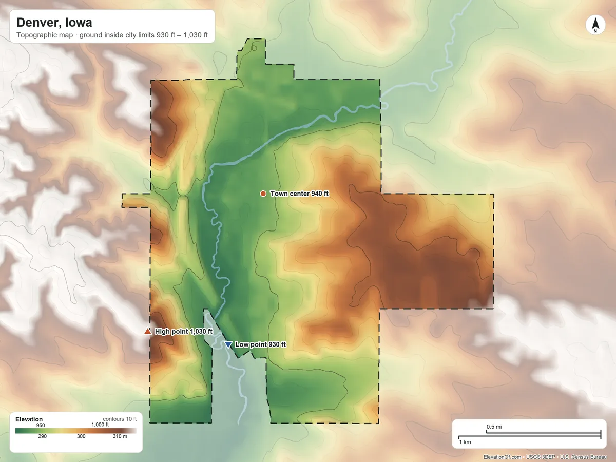 Topographic elevation map of Denver, Iowa, shaded from 930 ft on the south side to 1,030 ft on the southwest side