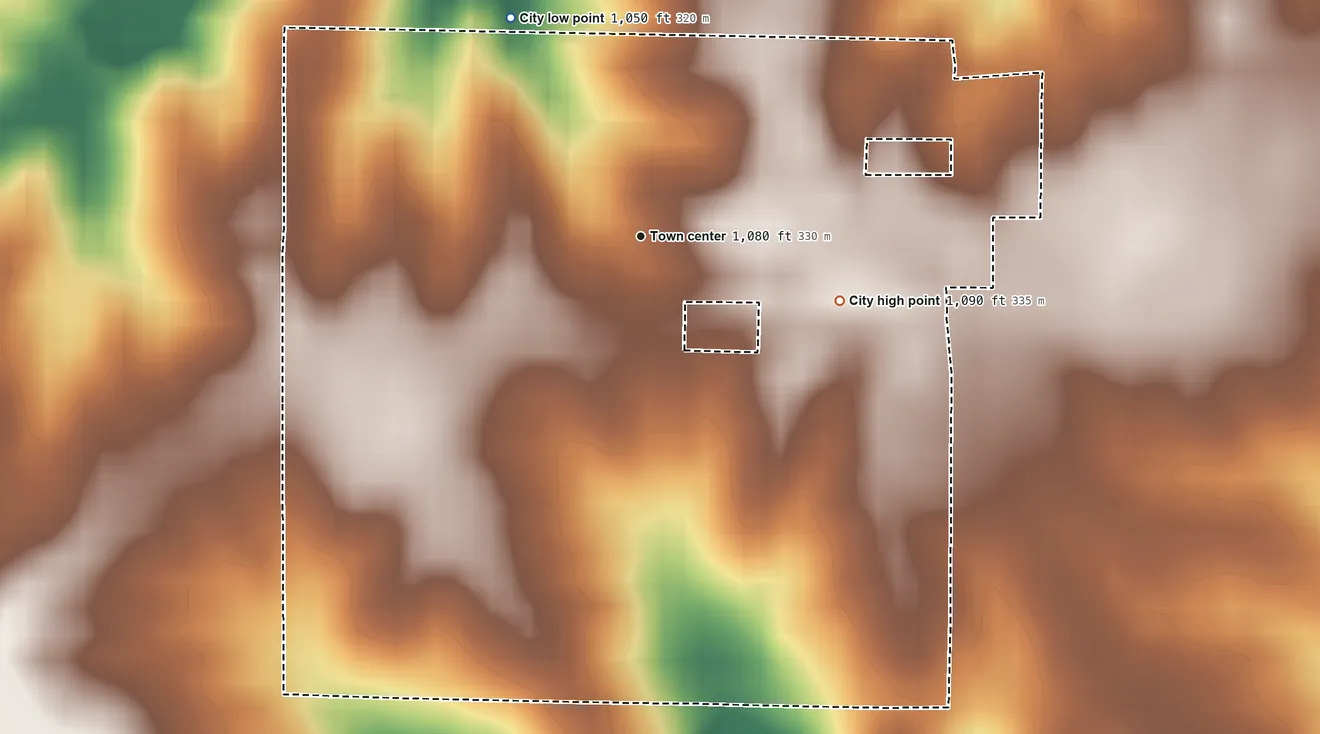 Topographic elevation map of Derby, Iowa, shaded from 1,050 ft on the northwest side to 1,090 ft on the east side
