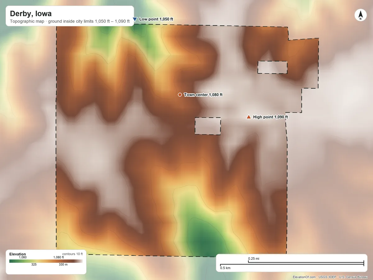 Topographic elevation map of Derby, Iowa, shaded from 1,050 ft on the northwest side to 1,090 ft on the east side