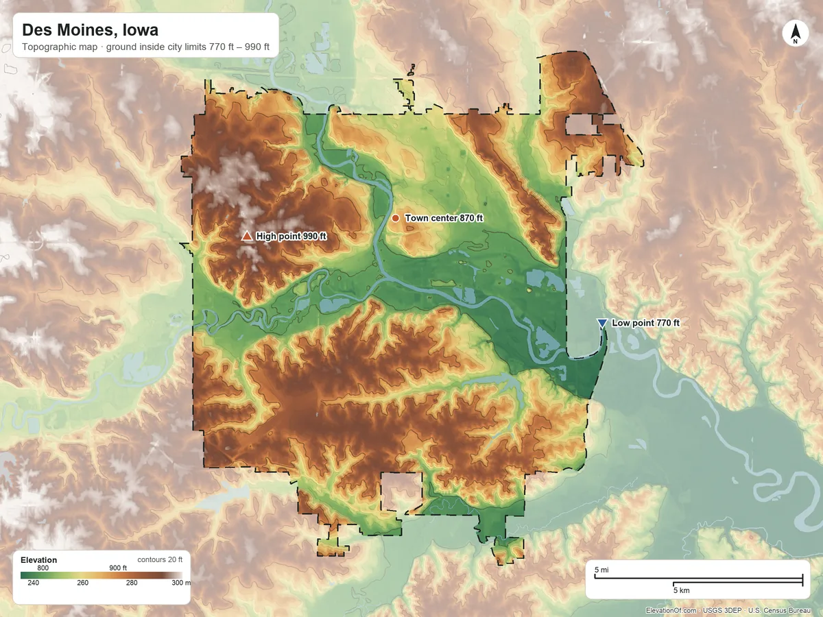 Topographic elevation map of Des Moines, Iowa, shaded from 770 ft on the southeast side to 990 ft on the west side