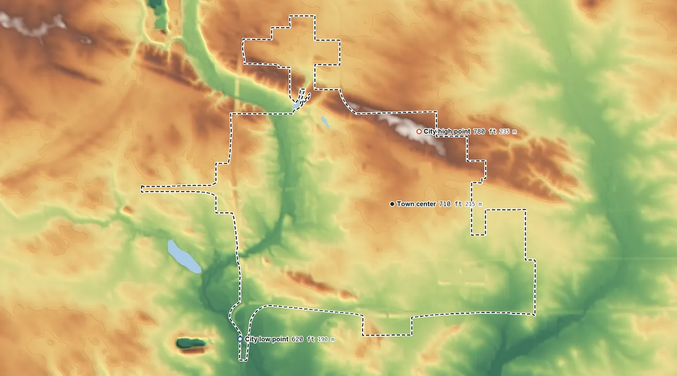 Topographic elevation map of DeWitt, Iowa, shaded from 620 ft on the southwest side to 780 ft on the north side
