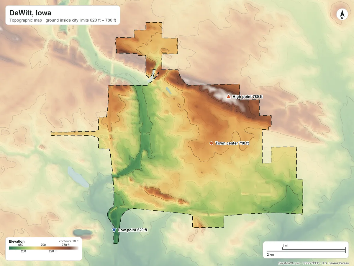 Topographic elevation map of DeWitt, Iowa, shaded from 620 ft on the southwest side to 780 ft on the north side