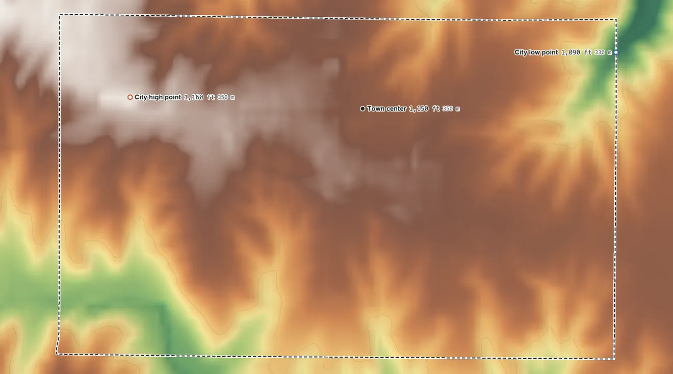 Topographic elevation map of Dexter, Iowa, shaded from 1,090 ft on the east side to 1,160 ft on the west side