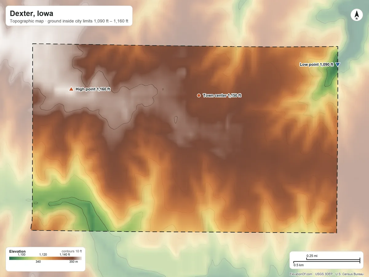 Topographic elevation map of Dexter, Iowa, shaded from 1,090 ft on the east side to 1,160 ft on the west side
