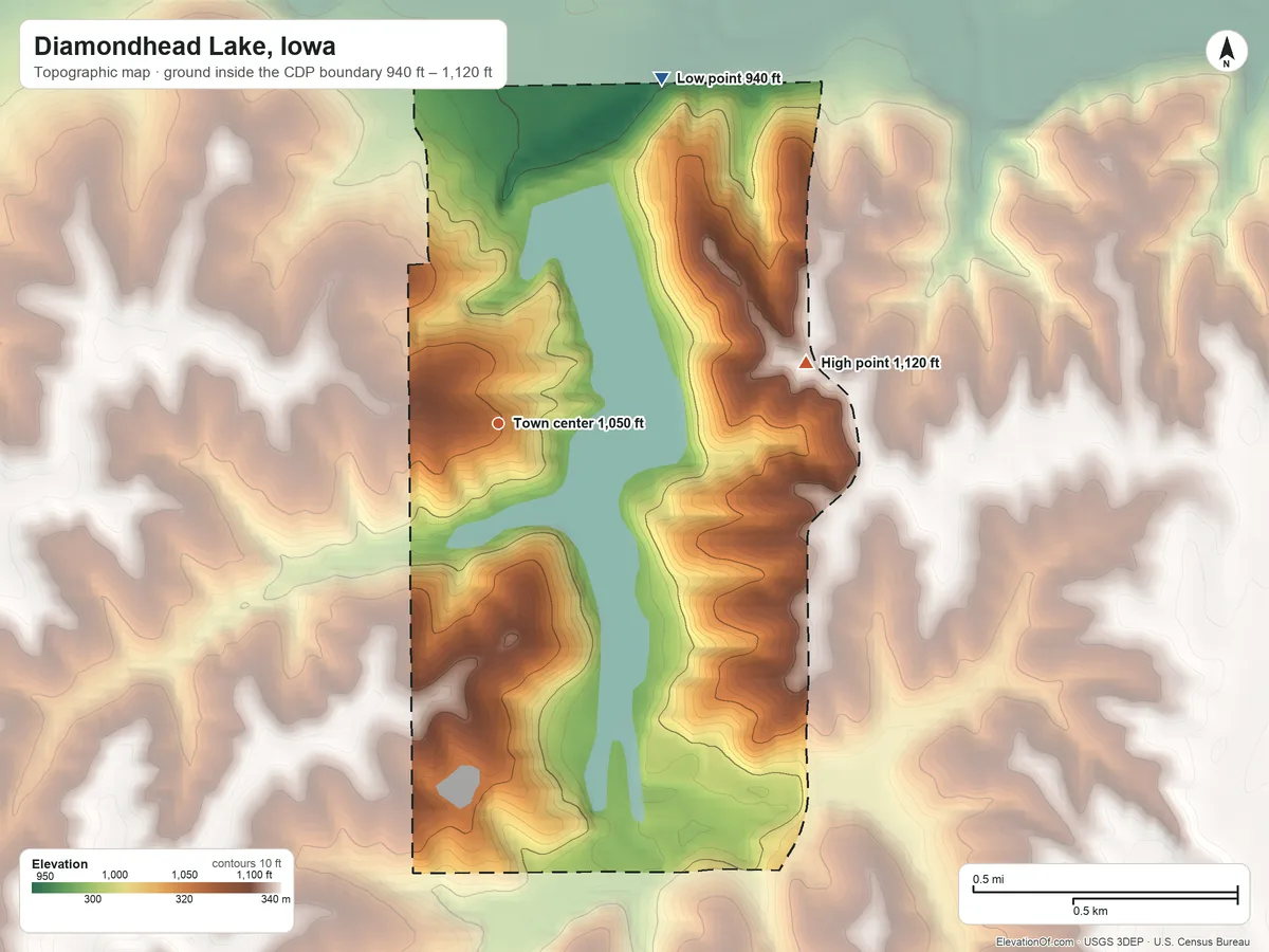 Topographic elevation map of Diamondhead Lake, Iowa, shaded from 940 ft on the northeast side to 1,120 ft on the east side