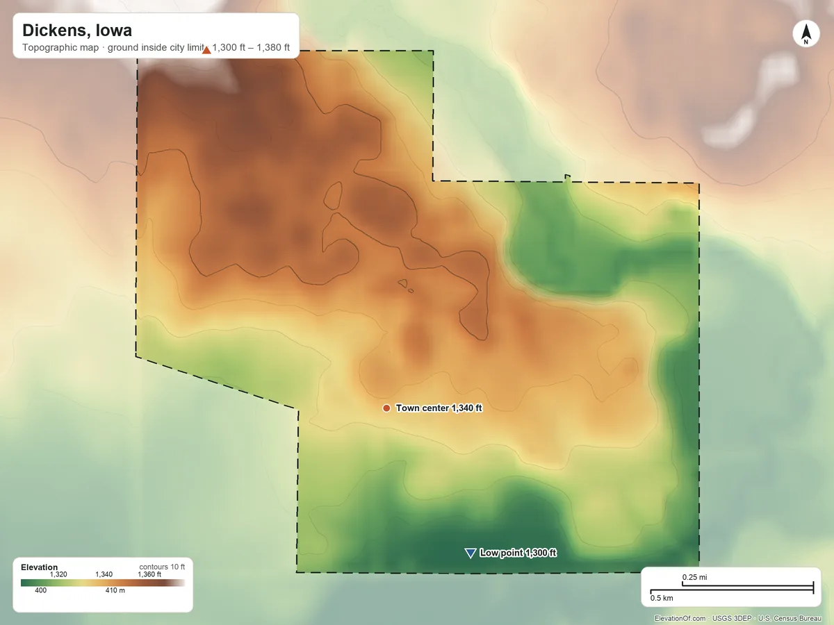 Topographic elevation map of Dickens, Iowa, shaded from 1,300 ft on the southeast side to 1,380 ft on the northwest side