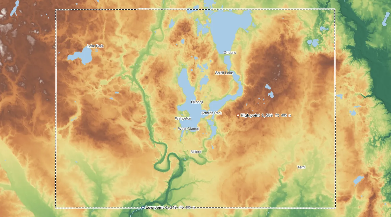 Topographic elevation map of Dickinson County, Iowa, shaded from 1,340 ft on the southwest side to 1,580 ft on the east side