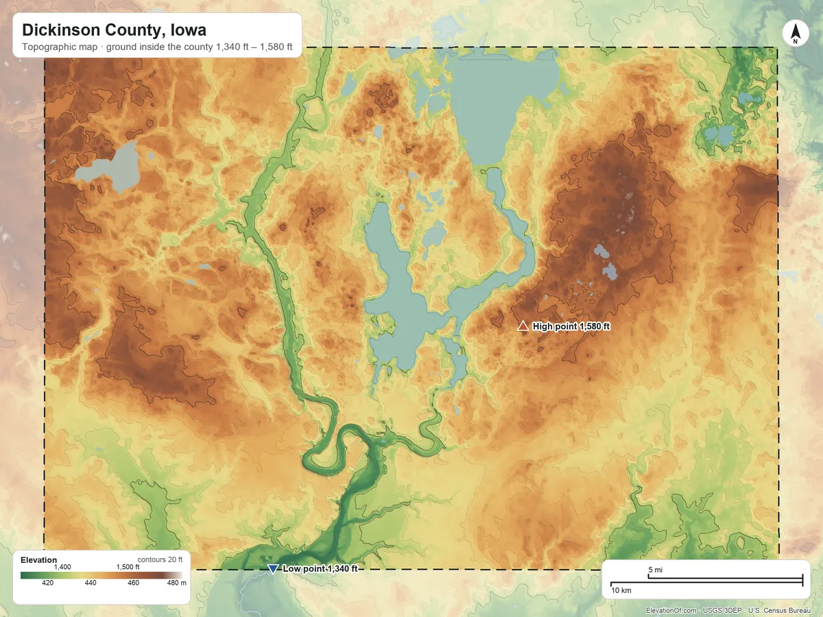 Topographic elevation map of Dickinson County, Iowa, shaded from 1,340 ft on the southwest side to 1,580 ft on the east side