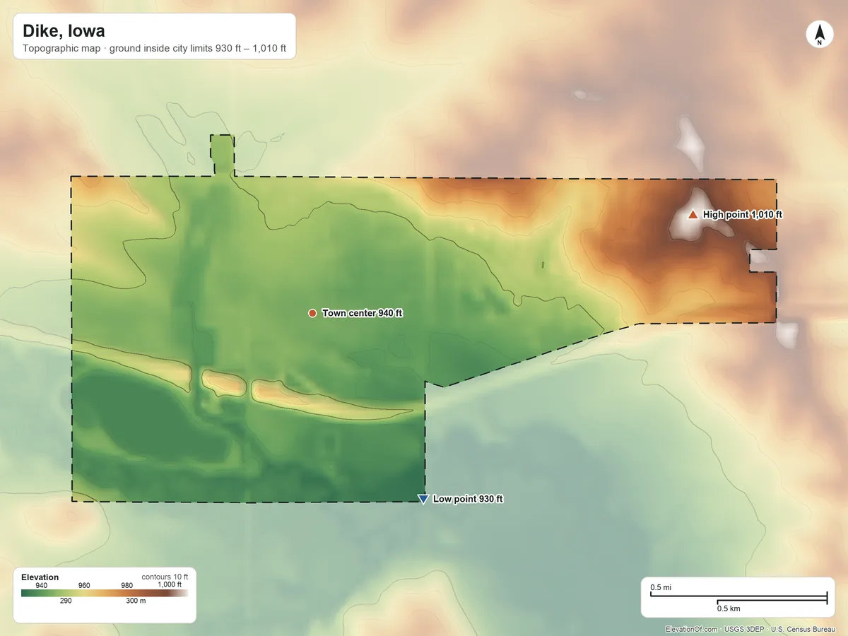 Topographic elevation map of Dike, Iowa, shaded from 930 ft on the southeast side to 1,010 ft on the east side