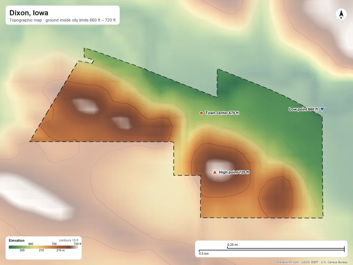 Topographic elevation map of Dixon, Iowa, shaded from 660 ft on the east side to 720 ft on the south side