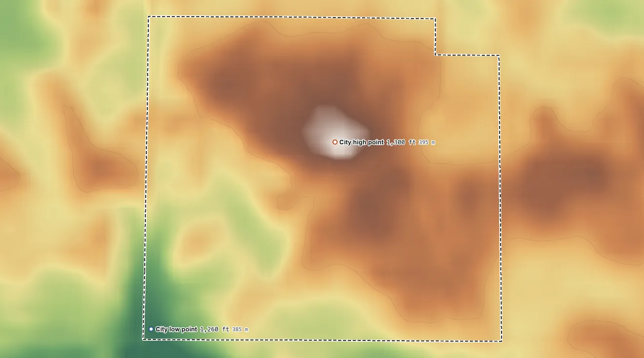 Topographic elevation map of Dolliver, Iowa, shaded from 1,260 ft on the southwest side to 1,300 ft near the middle