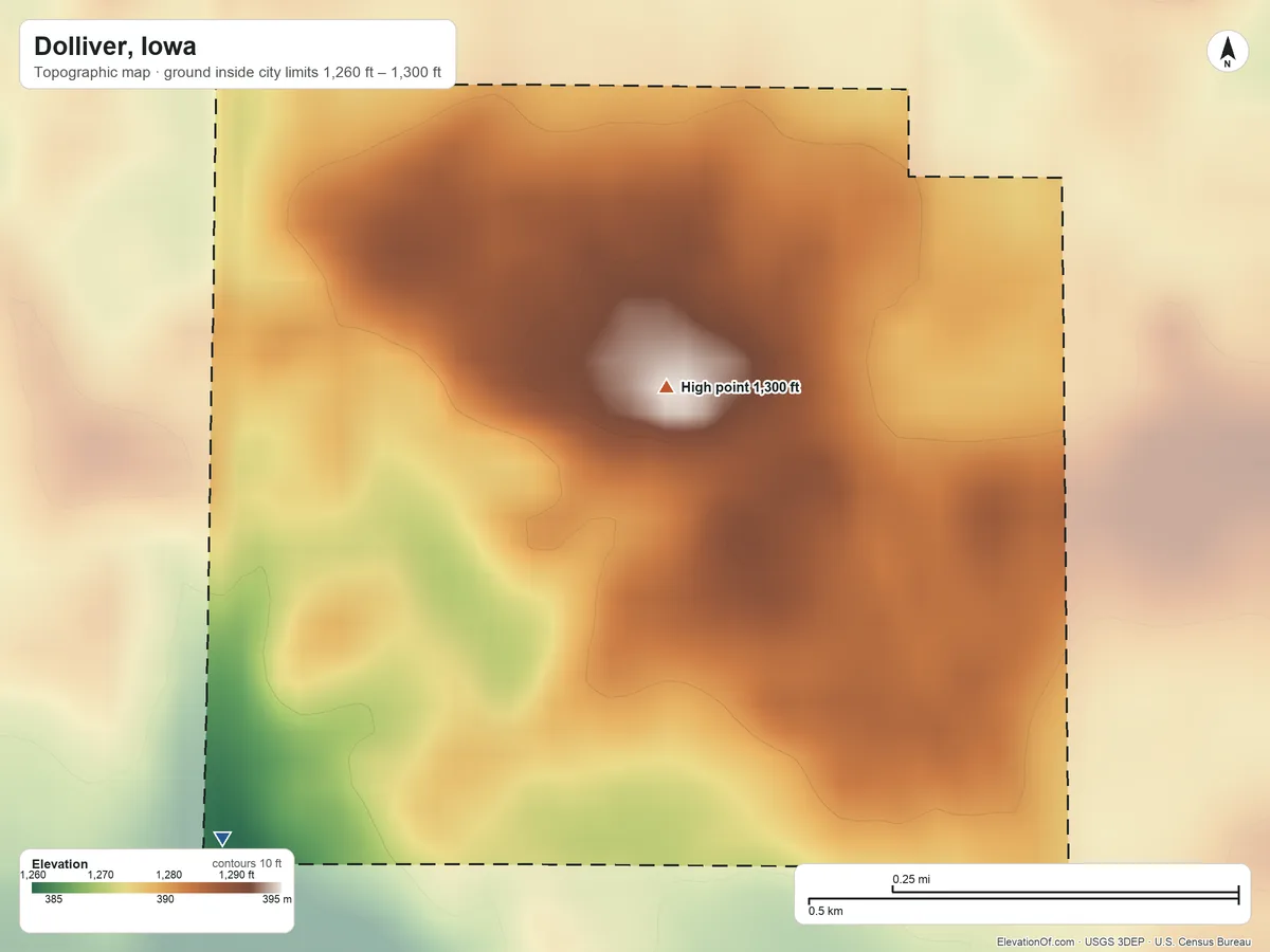 Topographic elevation map of Dolliver, Iowa, shaded from 1,260 ft on the southwest side to 1,300 ft near the middle