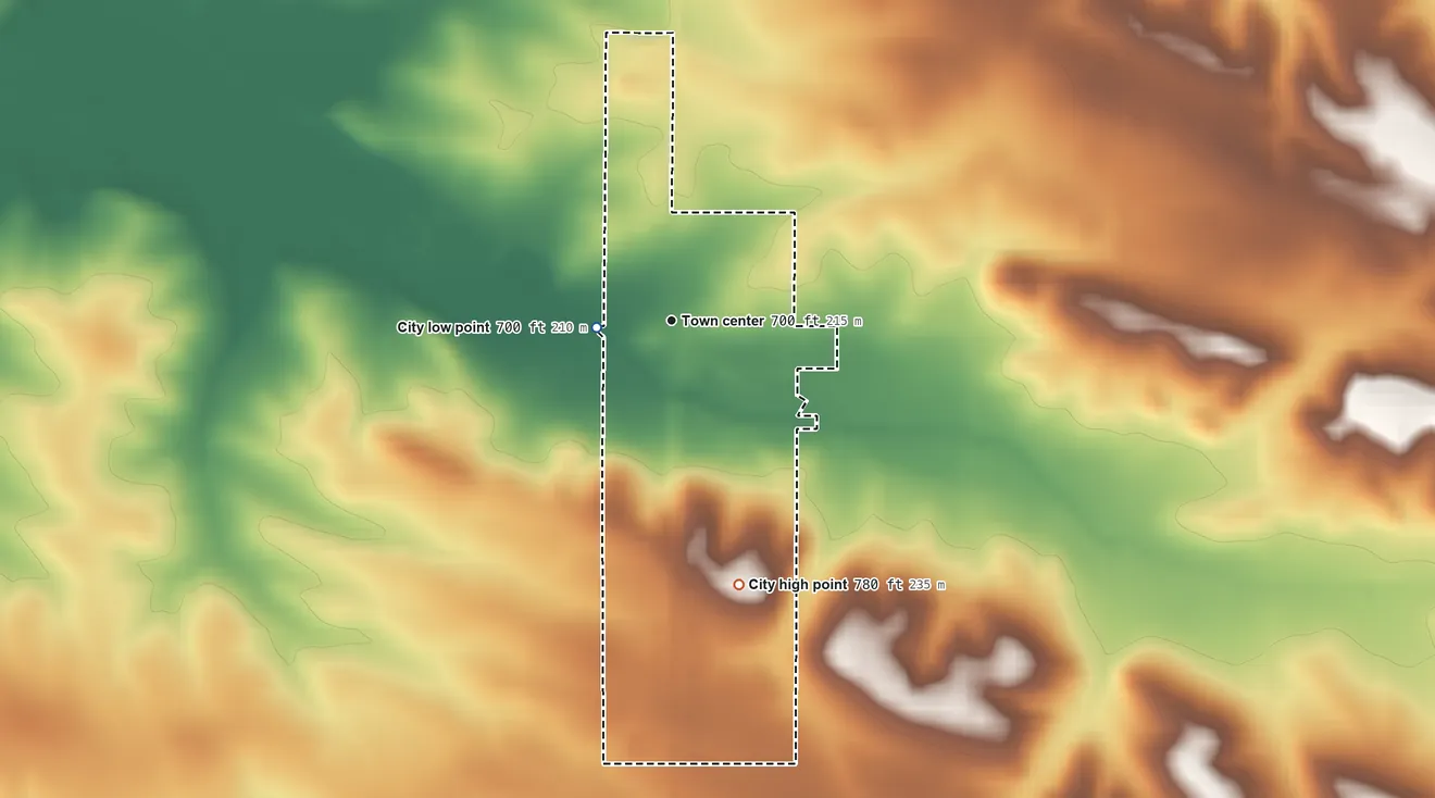 Topographic elevation map of Donahue, Iowa, shaded from 700 ft near the middle to 780 ft on the south side