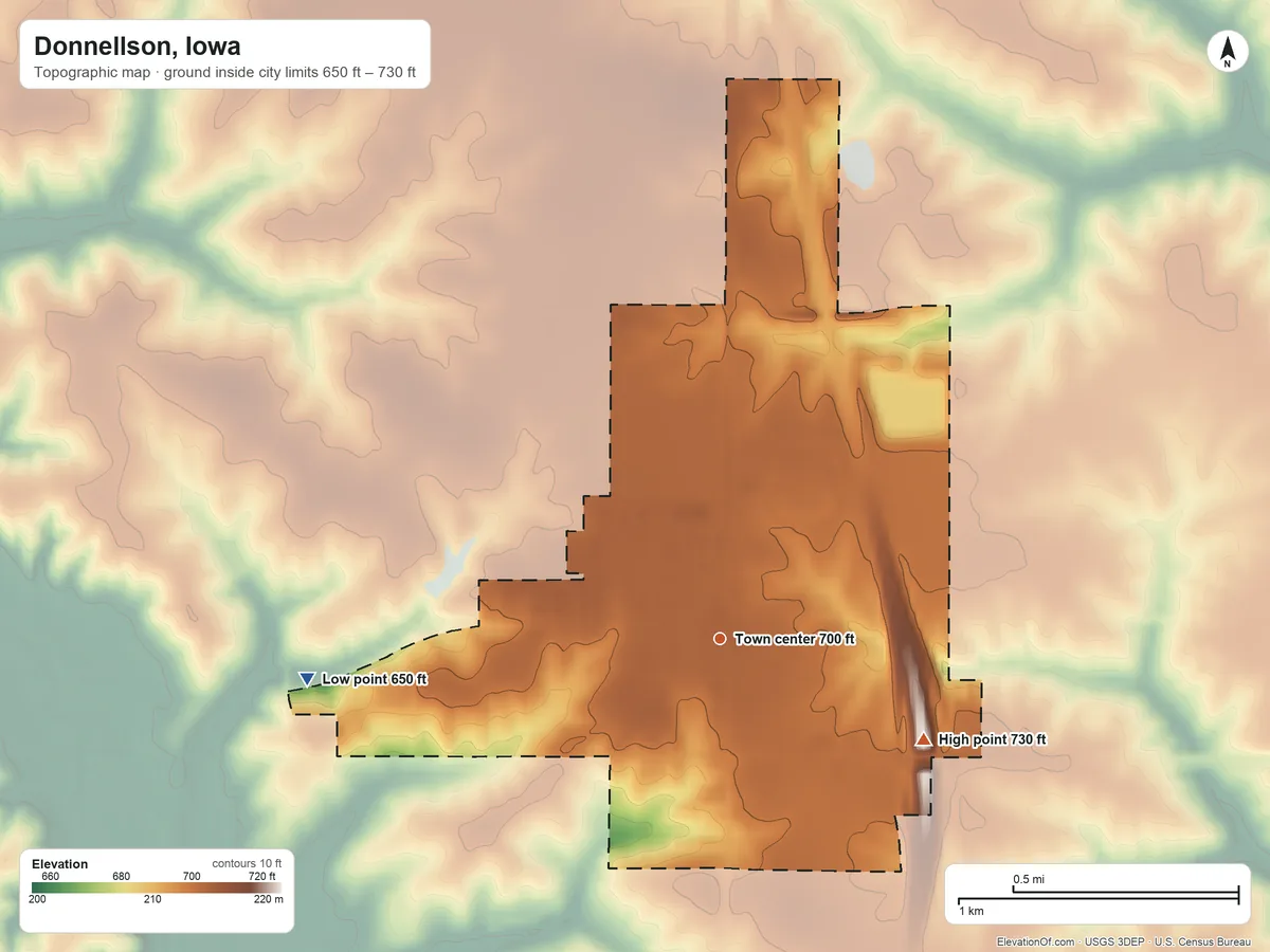 Topographic elevation map of Donnellson, Iowa, shaded from 650 ft on the west side to 730 ft on the southeast side