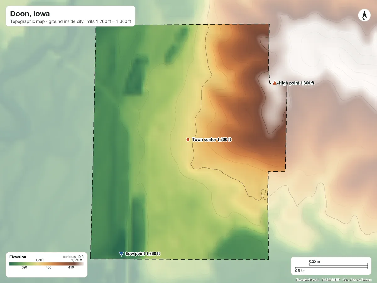 Topographic elevation map of Doon, Iowa, shaded from 1,260 ft on the southwest side to 1,360 ft on the northeast side