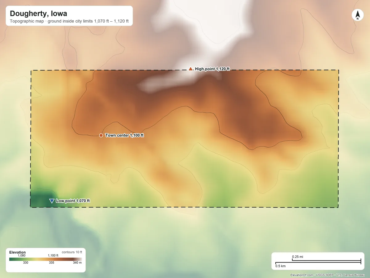 Topographic elevation map of Dougherty, Iowa, shaded from 1,070 ft on the southwest side to 1,120 ft on the northeast side