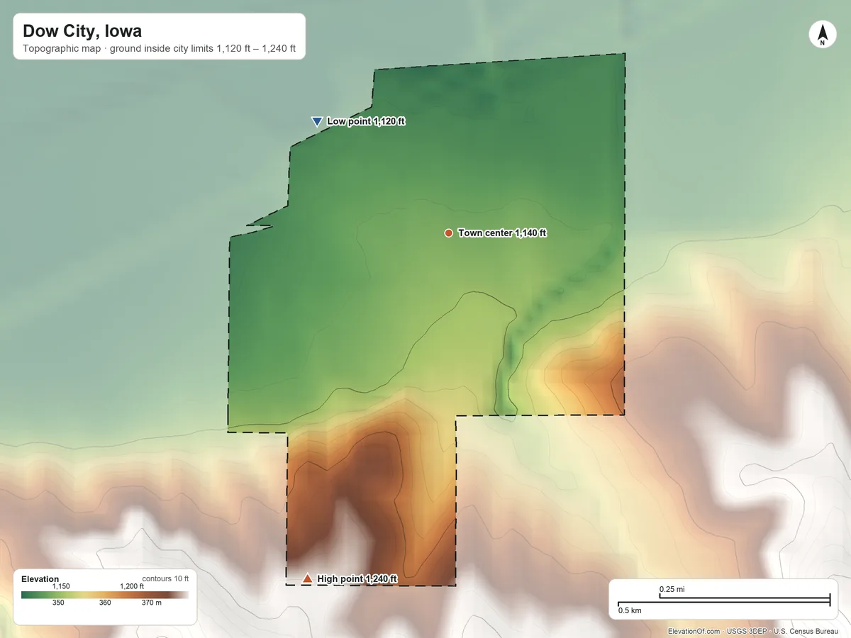 Topographic elevation map of Dow City, Iowa, shaded from 1,120 ft on the northwest side to 1,240 ft on the south side