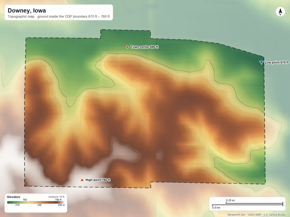 Topographic elevation map of Downey, Iowa, shaded from 670 ft on the east side to 760 ft on the south side