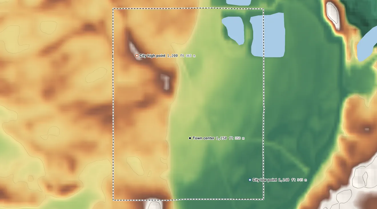 Topographic elevation map of Dows, Iowa, shaded from 1,140 ft on the southeast side to 1,200 ft on the northwest side