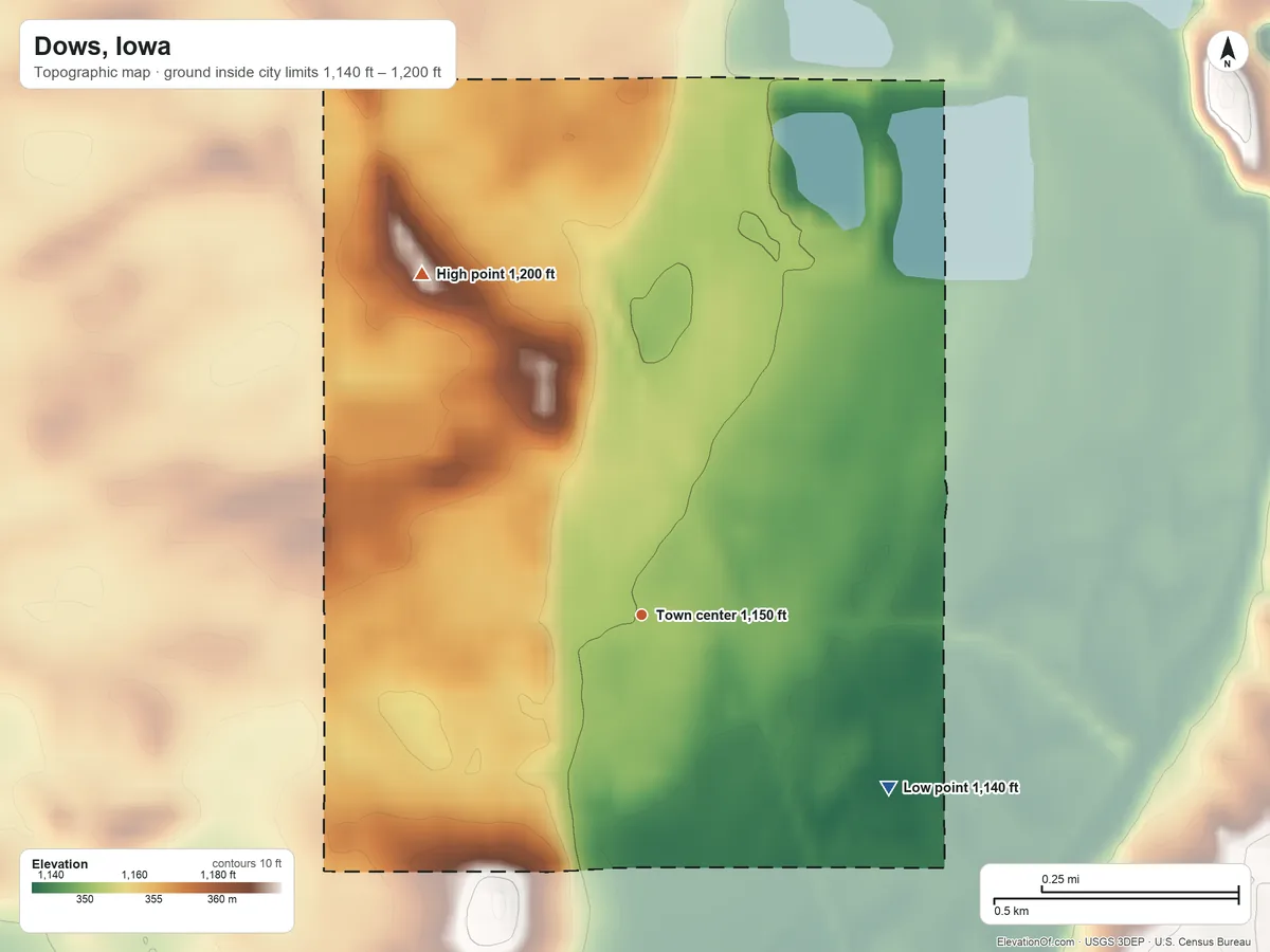 Topographic elevation map of Dows, Iowa, shaded from 1,140 ft on the southeast side to 1,200 ft on the northwest side