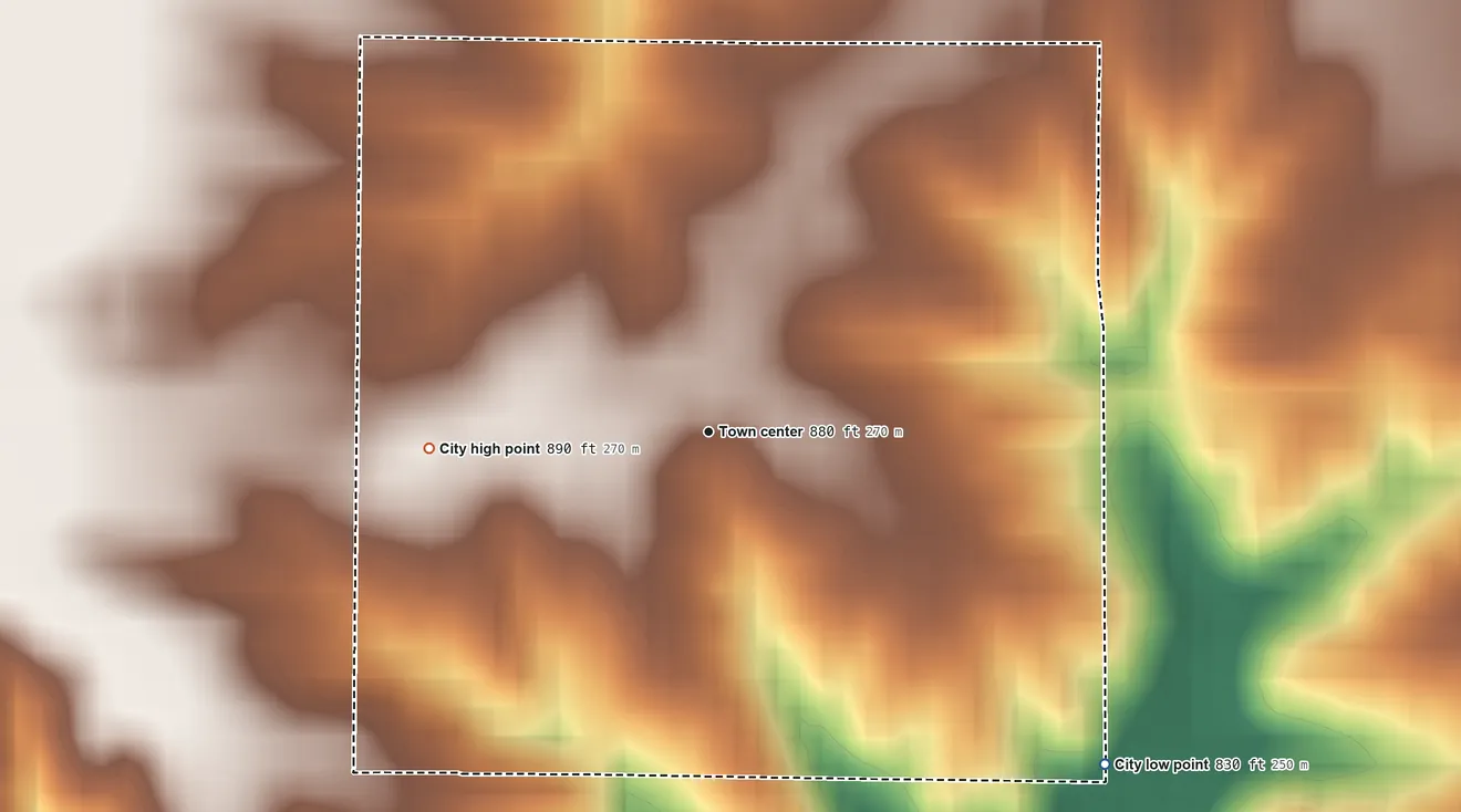 Topographic elevation map of Drakesville, Iowa, shaded from 830 ft on the southeast side to 890 ft on the west side