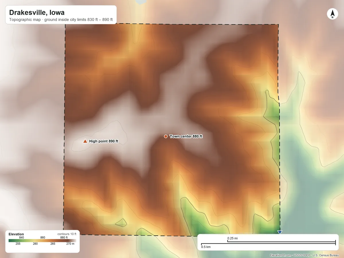 Topographic elevation map of Drakesville, Iowa, shaded from 830 ft on the southeast side to 890 ft on the west side