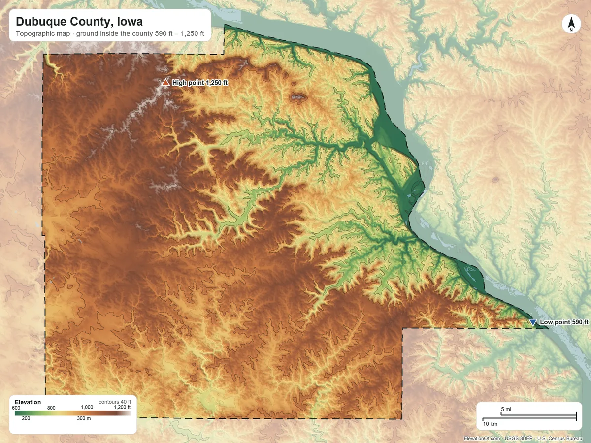 Topographic elevation map of Dubuque County, Iowa, shaded from 590 ft on the southeast side to 1,250 ft on the northwest side