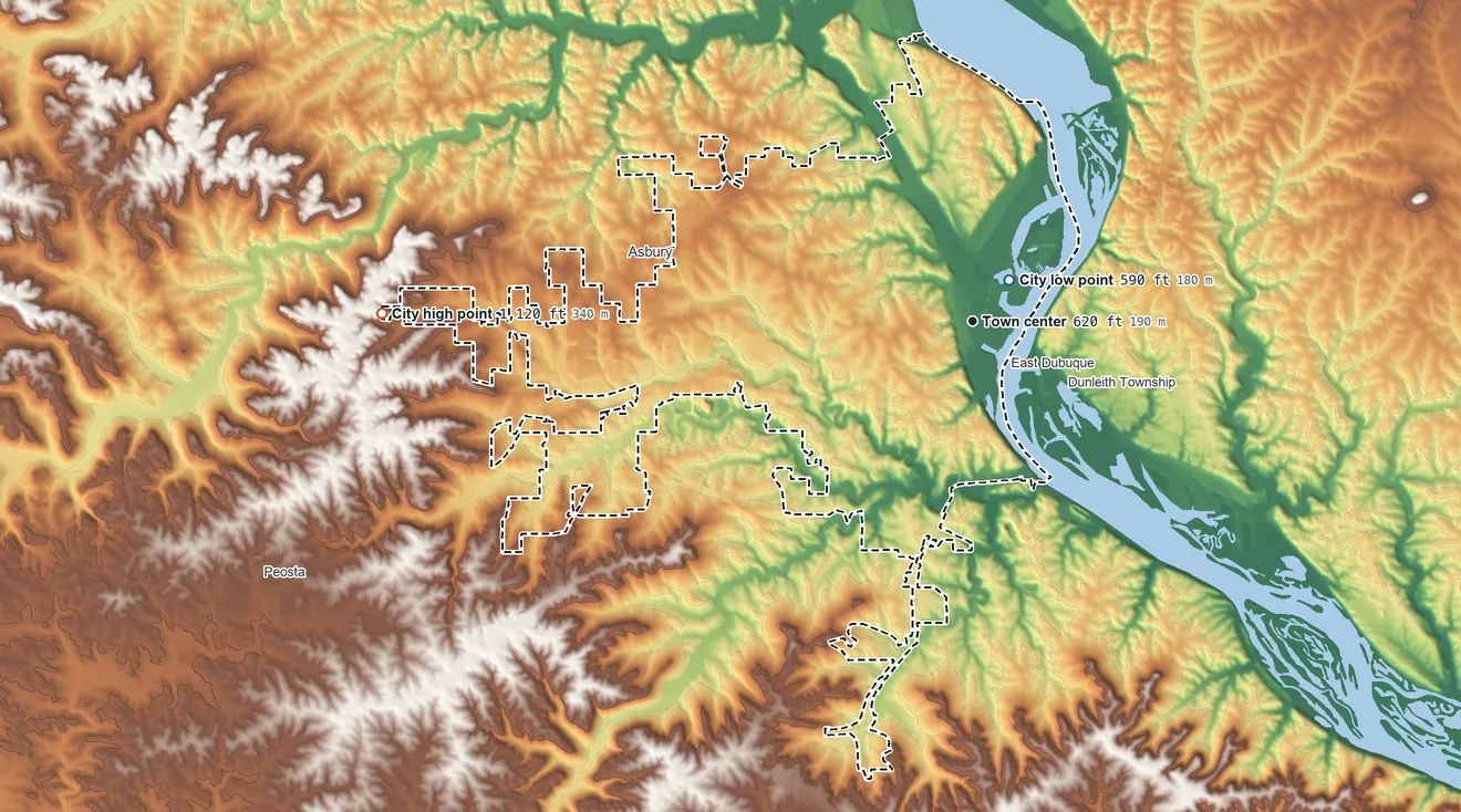 Topographic elevation map of Dubuque, Iowa, shaded from 590 ft near the middle to 1,120 ft on the west side