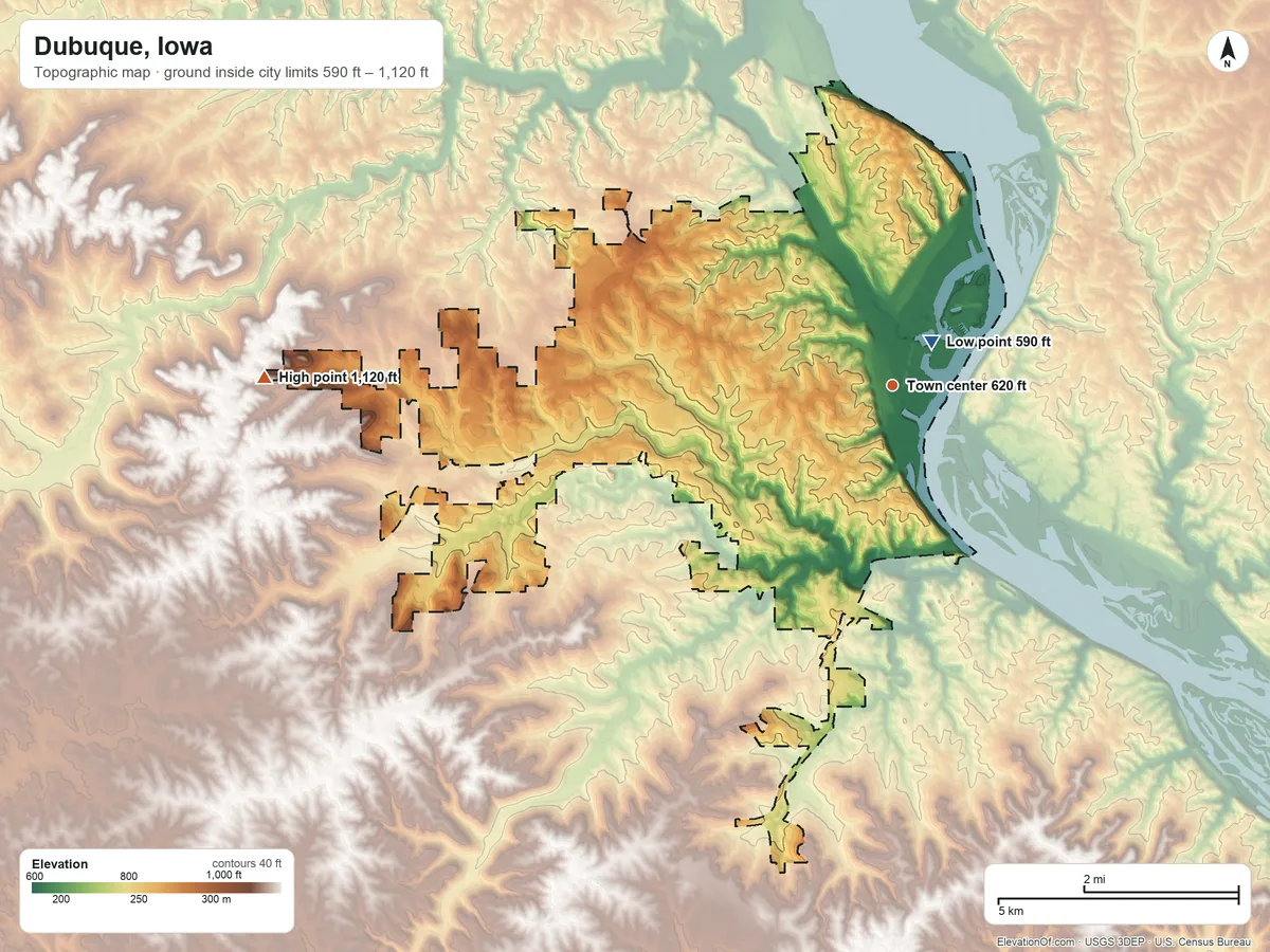 Topographic elevation map of Dubuque, Iowa, shaded from 590 ft near the middle to 1,120 ft on the west side