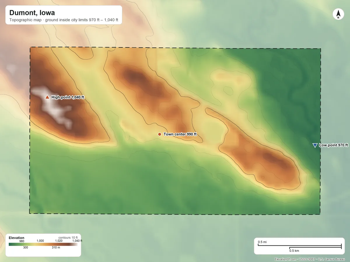 Topographic elevation map of Dumont, Iowa, shaded from 970 ft on the east side to 1,040 ft on the west side