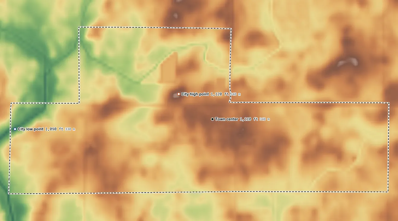 Topographic elevation map of Duncombe, Iowa, shaded from 1,090 ft on the west side to 1,120 ft on the northwest side